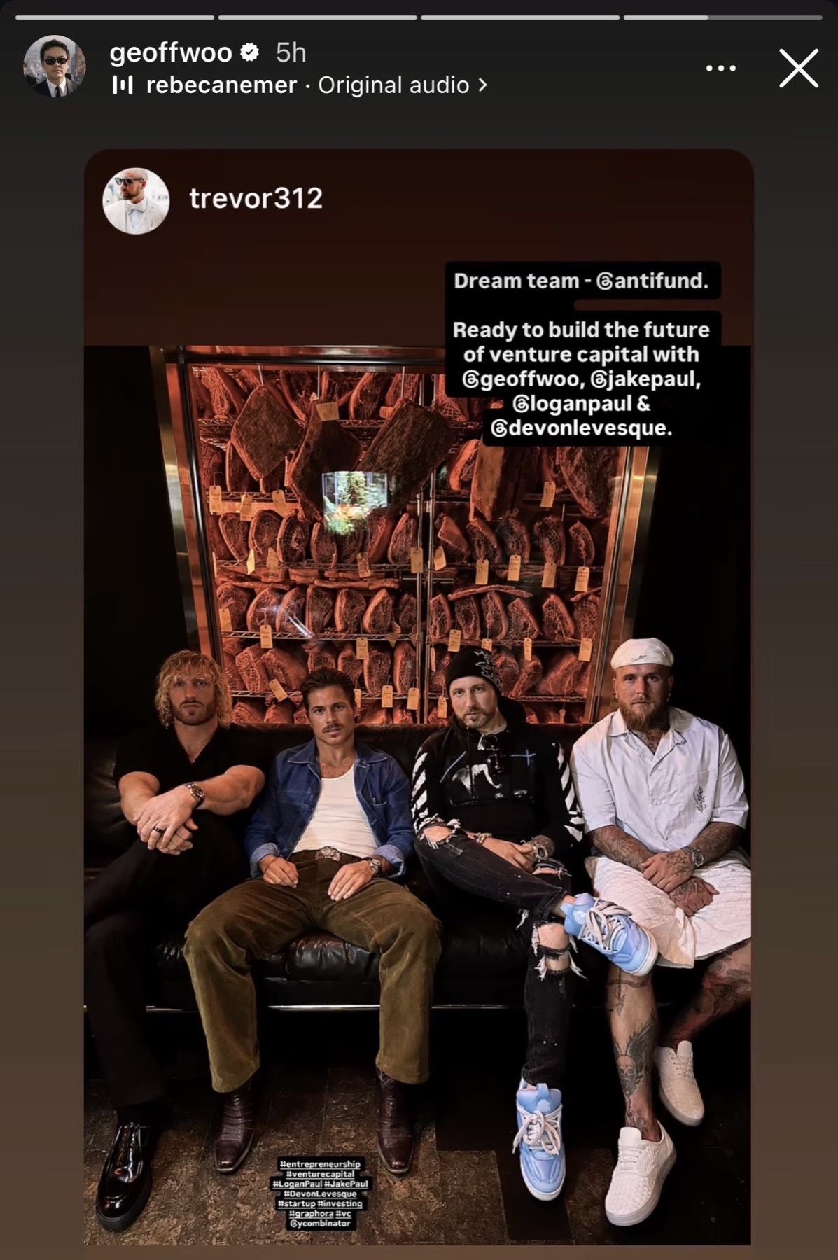 Instagram story featuring the Anti Fund team, including Logan Paul and Jake Paul